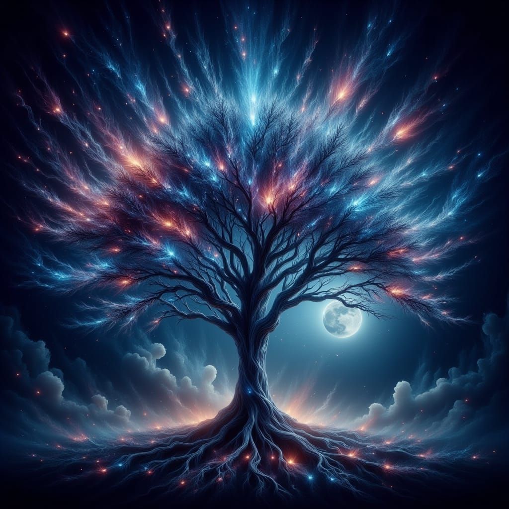 Tree of Life Under Galaxy and Moonlight