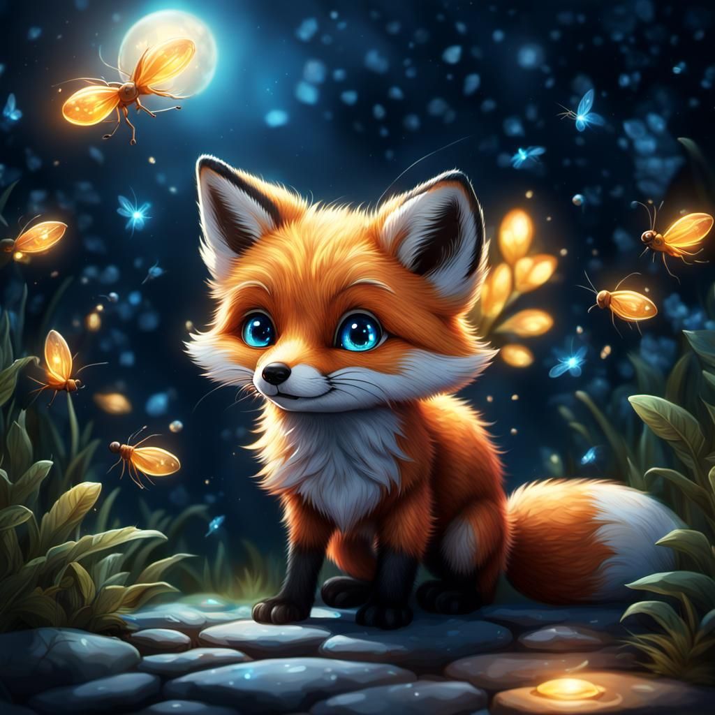 Adorable Fox Captures Firefly in Hyperrealistic Digital Art