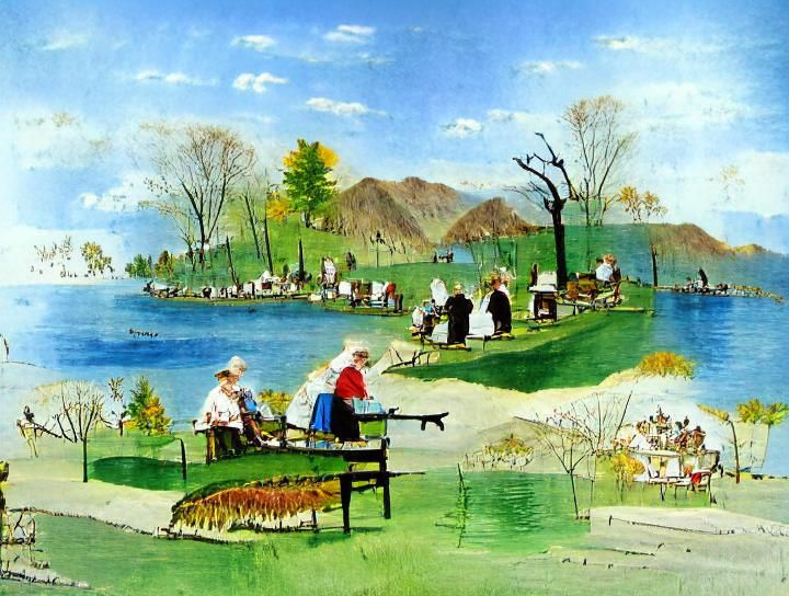 Park Fishing on a Sunny Day, Grandma Moses Style