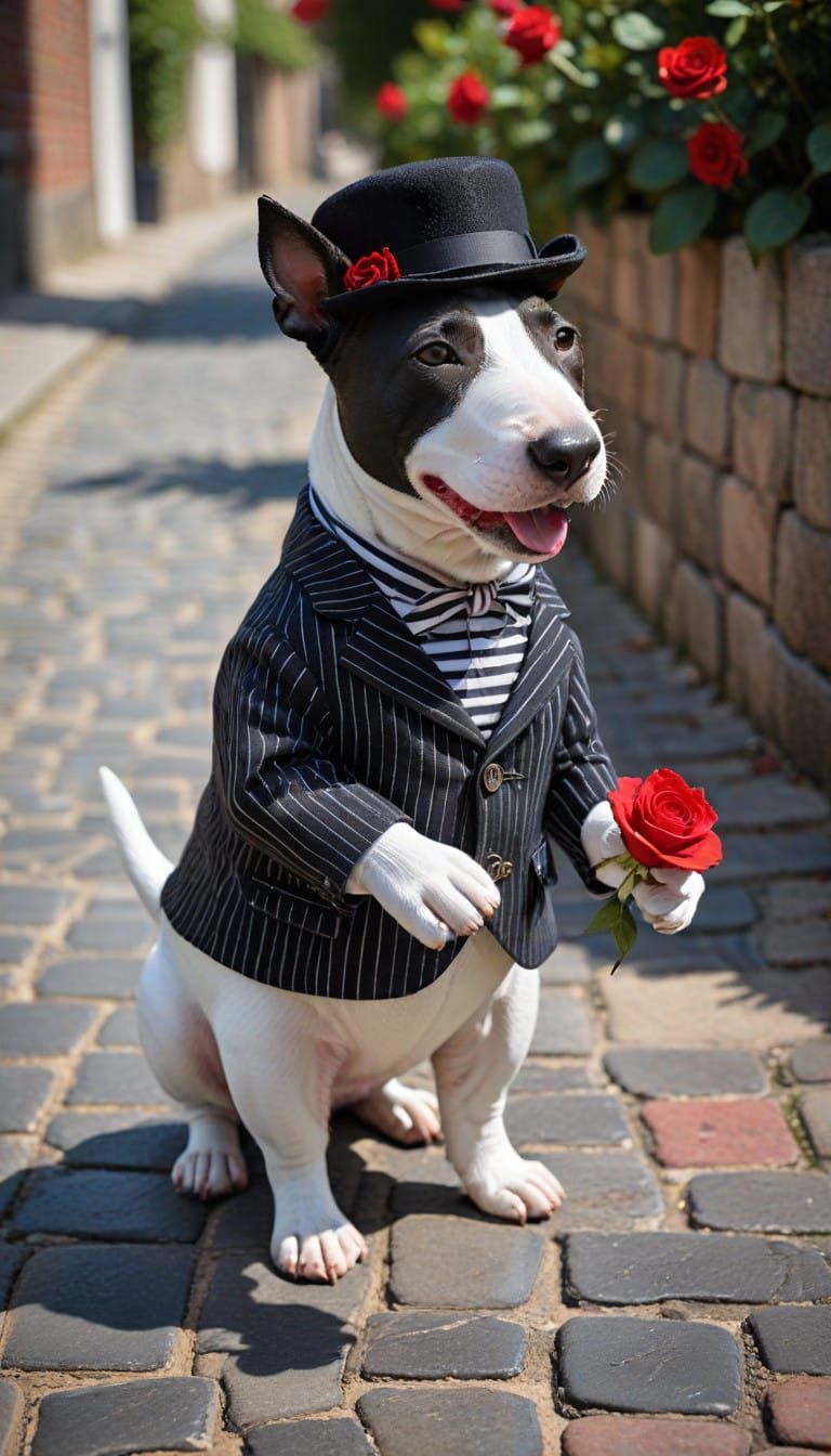 Cartoon Bull Terrier Mime in Vibrant Street Scene