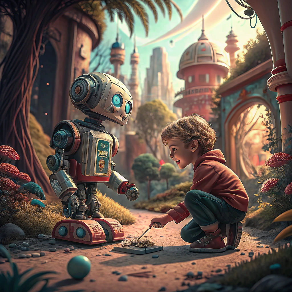 Child and Robot Toy in Detailed Fantasy Artscape