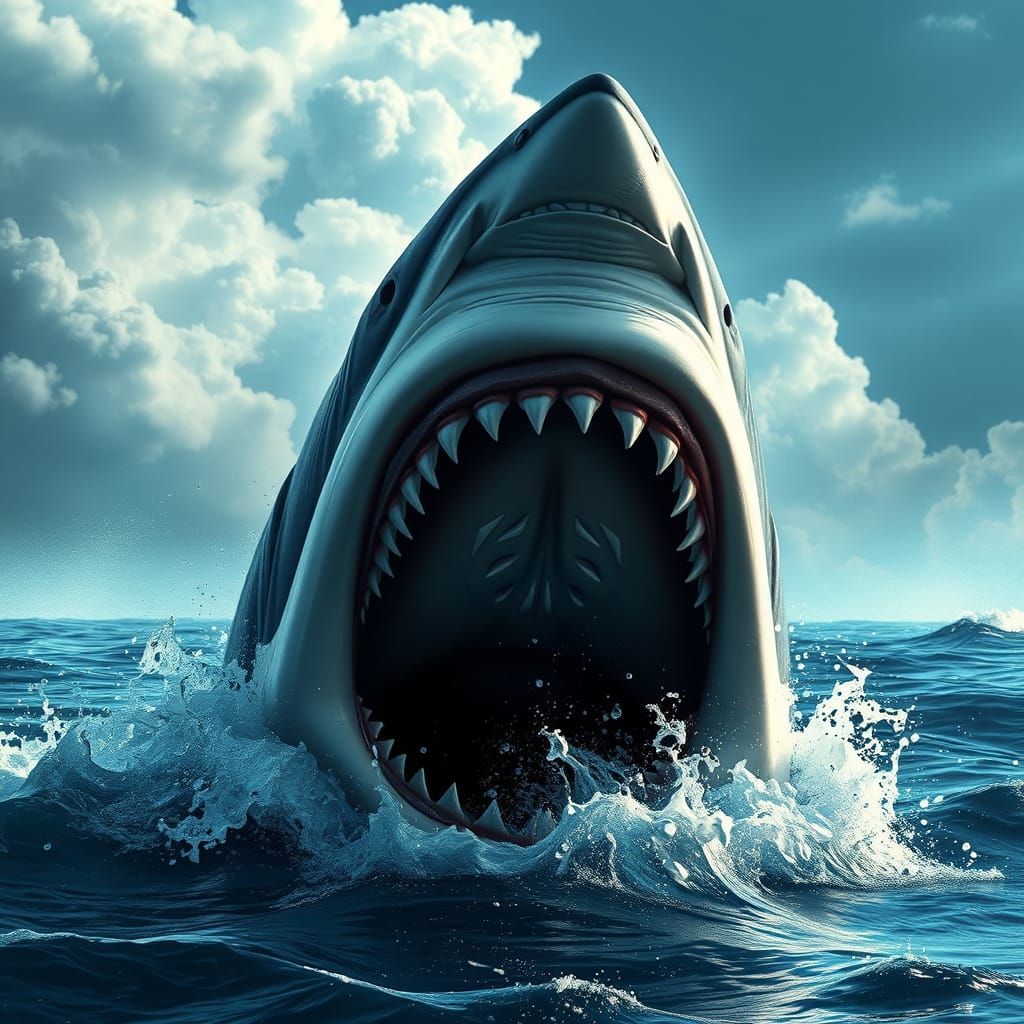 Great White Shark Breaching in Comic Book Style