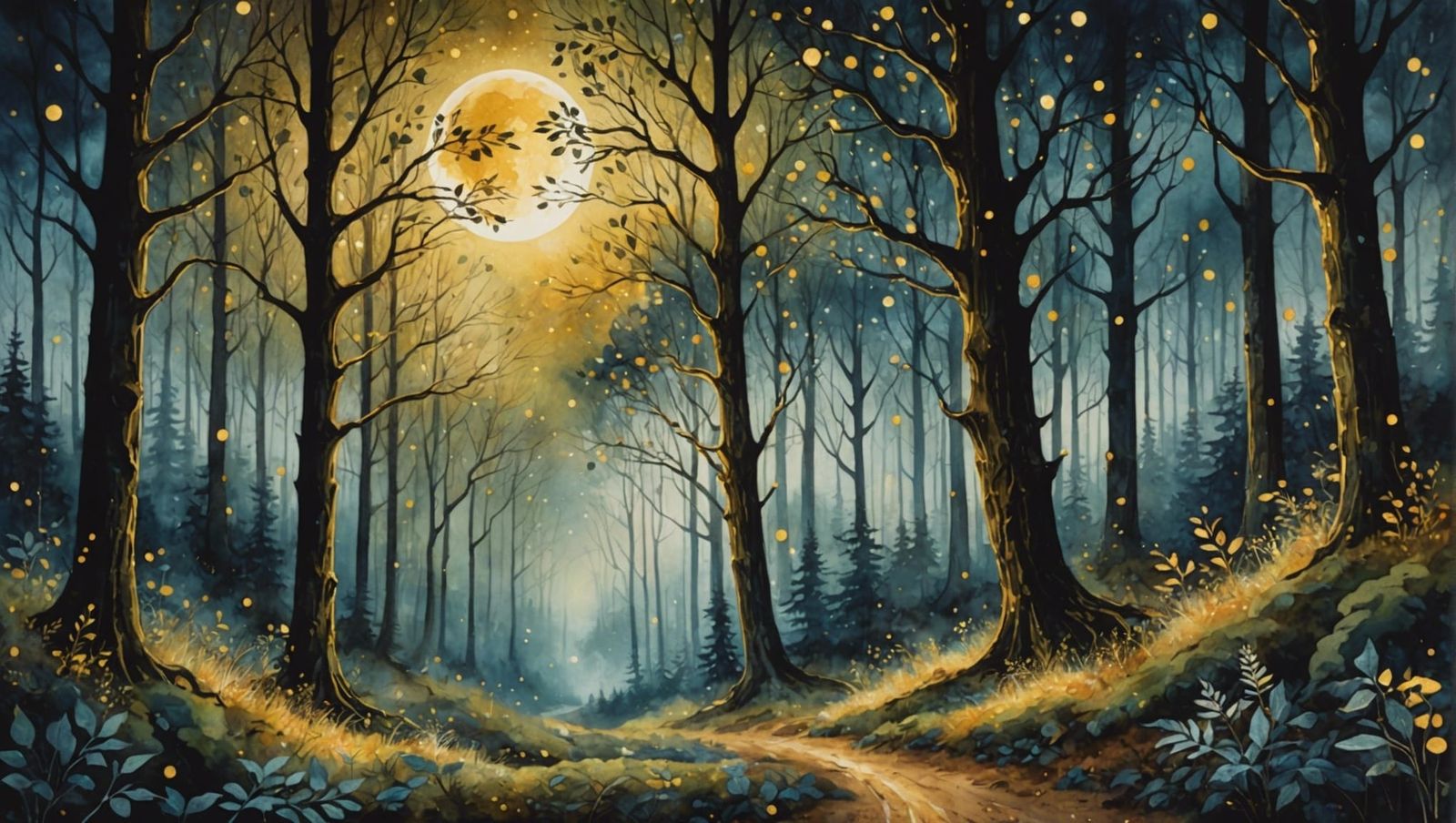 Ethereal Forest Painting with Golden Sparkles