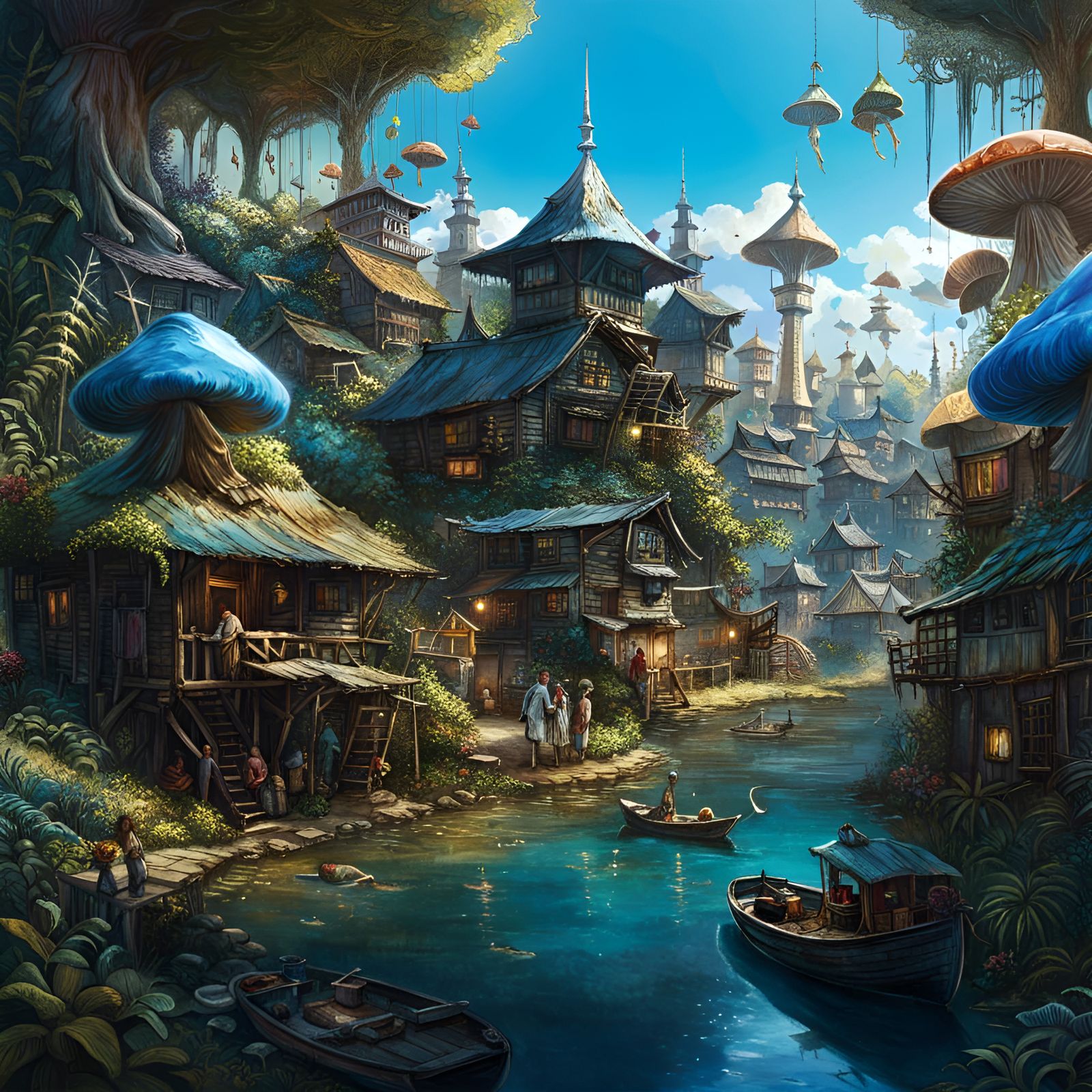 Blue Mushroom Fishing Village, Detailed 3D Digital Art
