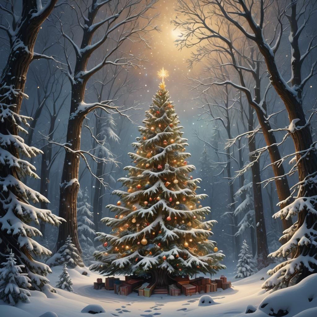 Mystical Christmas Tree in Snowy Forest Landscape