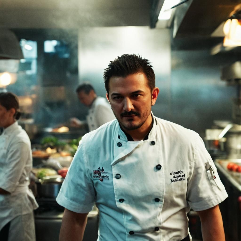 Cinematic Chef Portrait in Busy Kitchen