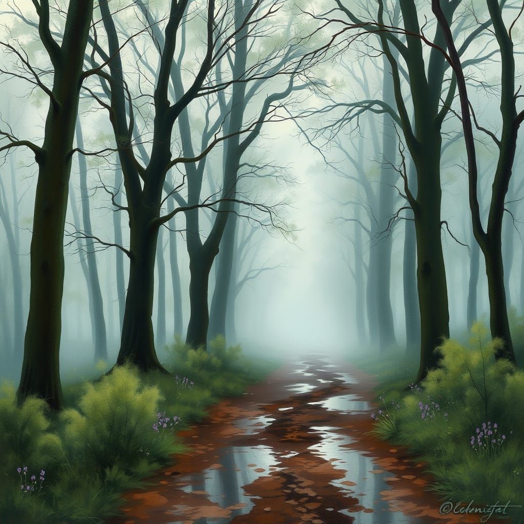 Dreamy Impressionist Beech Forest in Fog