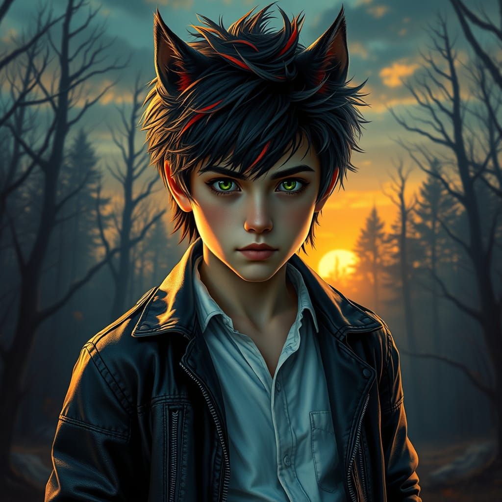 Mystical Werewolf Boy Amidst a Vibrant Dusk Forest
