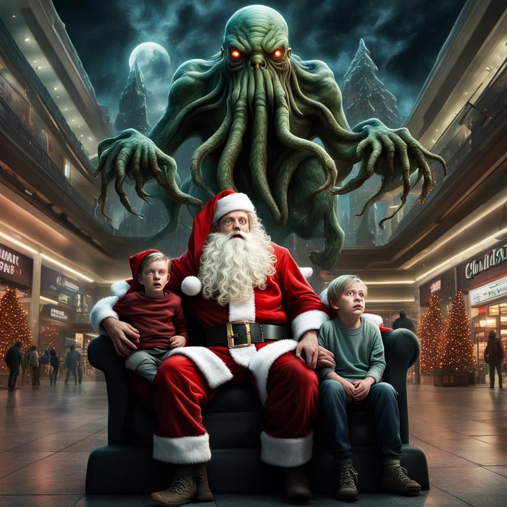 Cthulhu, posing as Santa Claus, has terrified twin boys sitt...