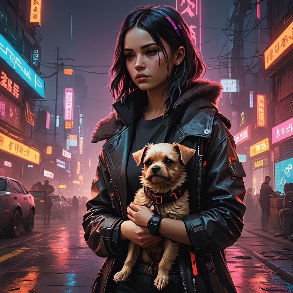 Girl and Dog in Cyberpunk Neon Cityscape