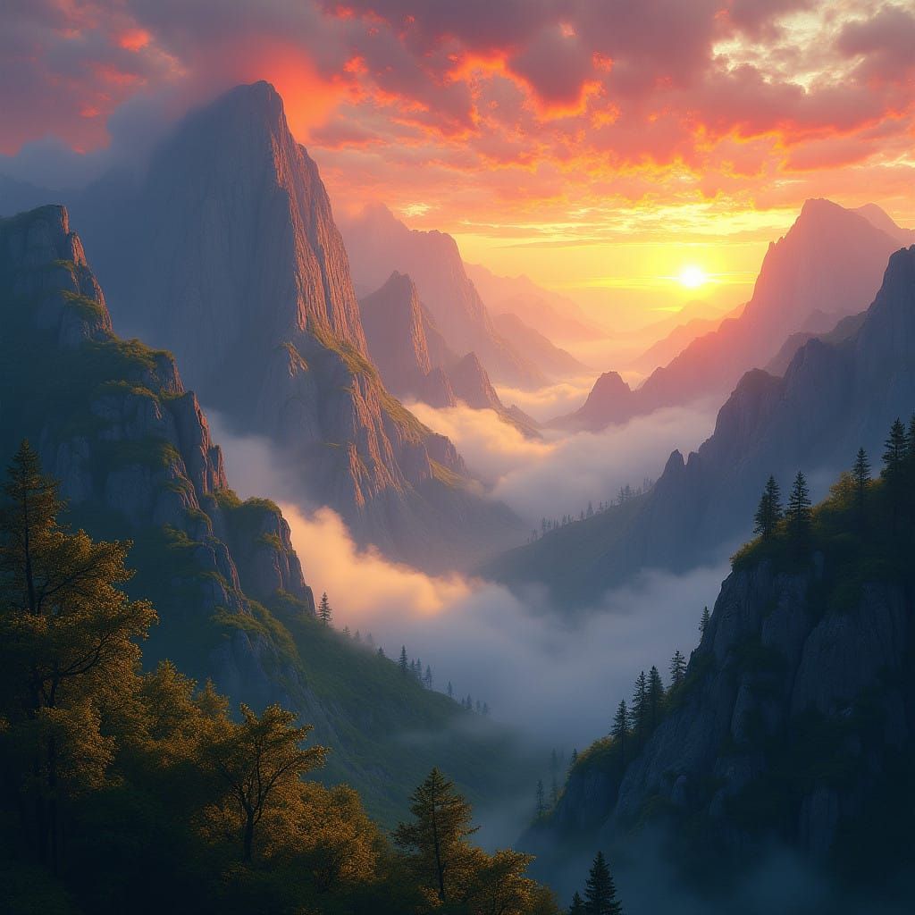 Sweeping Fantasy Landscape Masterpiece with Vibrant Dawn Hue...
