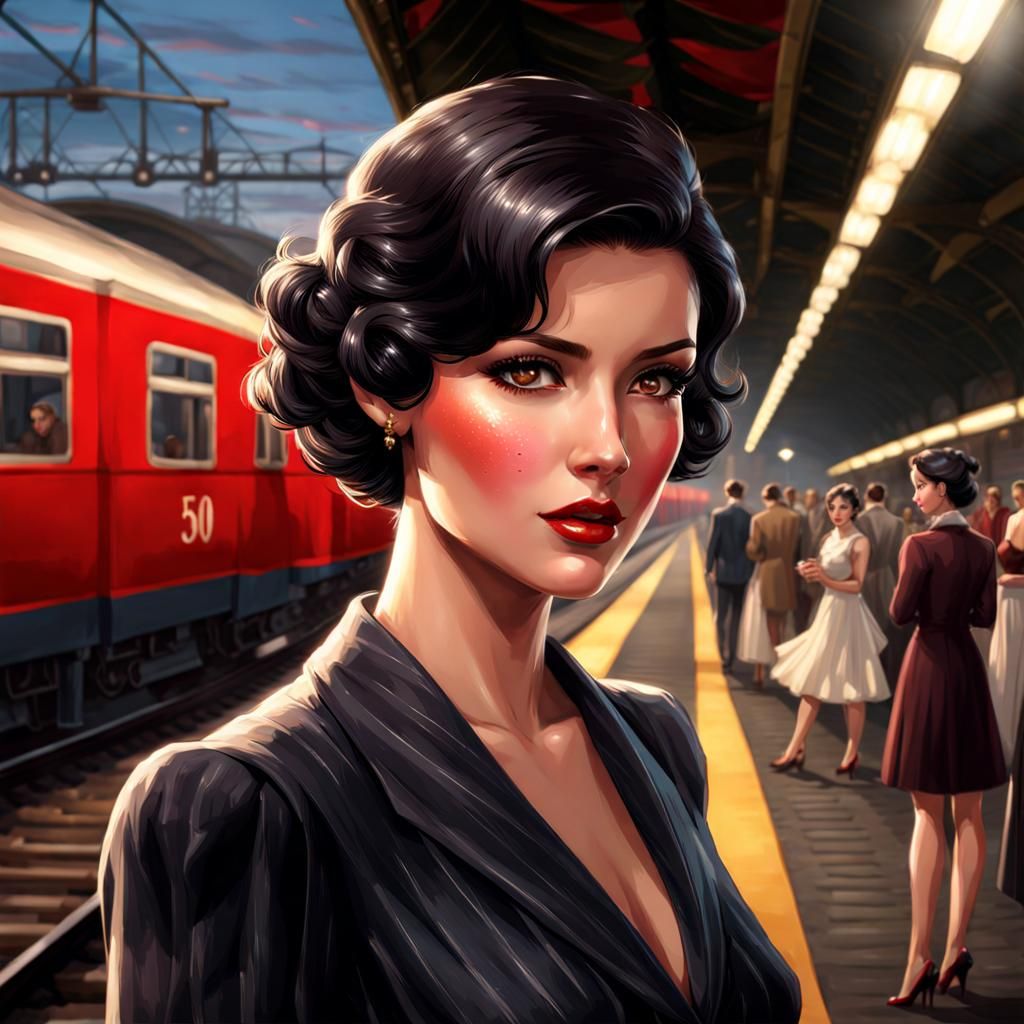 Elegant 1940s Spanish Woman on Railway Platform