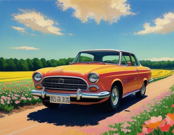 Impressionist Painting of a Charming Car in a Flower Field