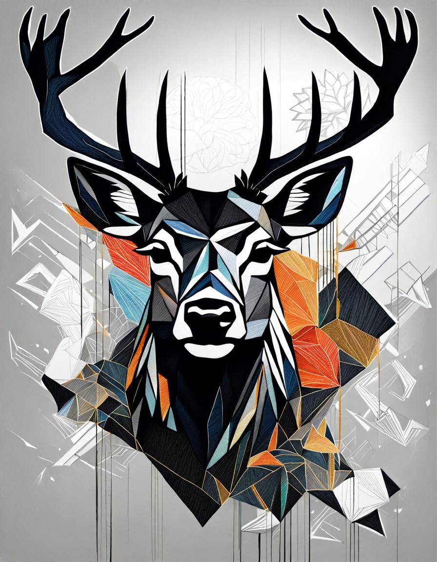 Abstract Deer Embroidery on Black Fabric