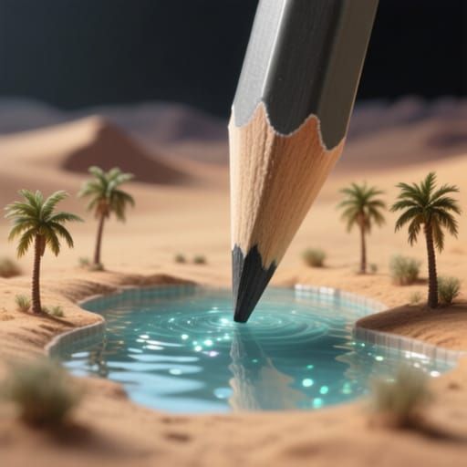 Colossal Pencil Becomes Desert Oasis in Photorealistic Style