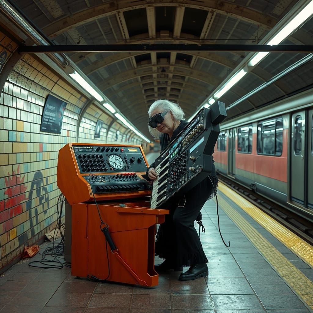 Elderly Woman Plays Synth in Abandoned Station, Futuristic G...