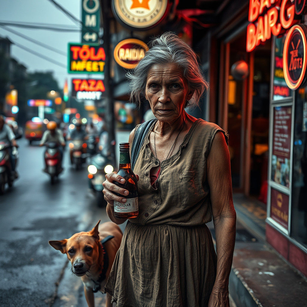 Haggard Woman with Liquor Bottle in Bangalore