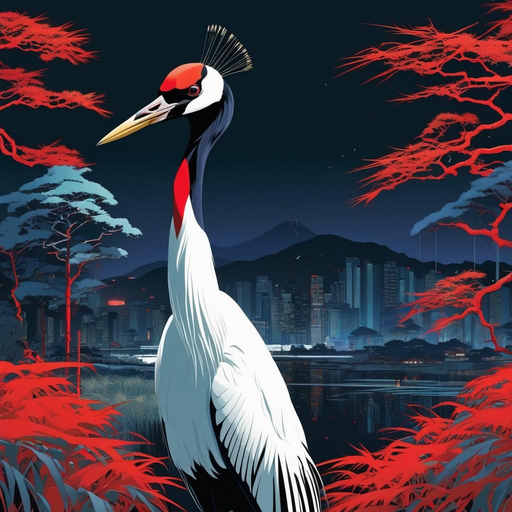 Red-Crowned Crane in Graphic Novel Style