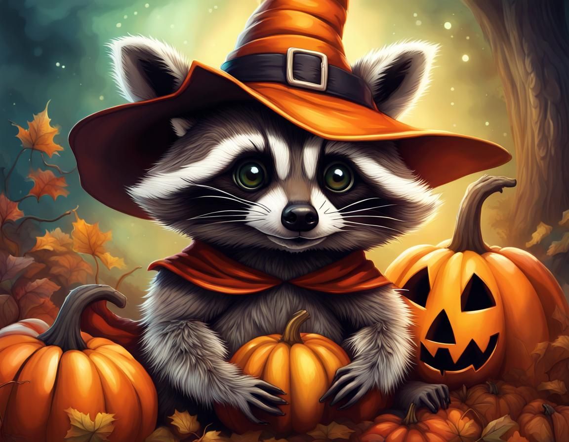 Halloween Raccoon Witch in a Magical Forest