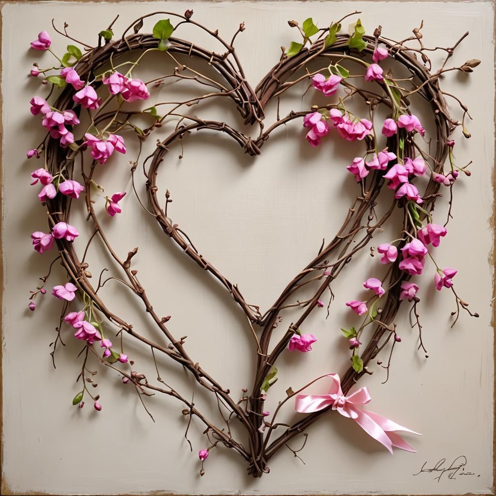 Grapevine Heart with Sweetpeas and Velvet Ribbon