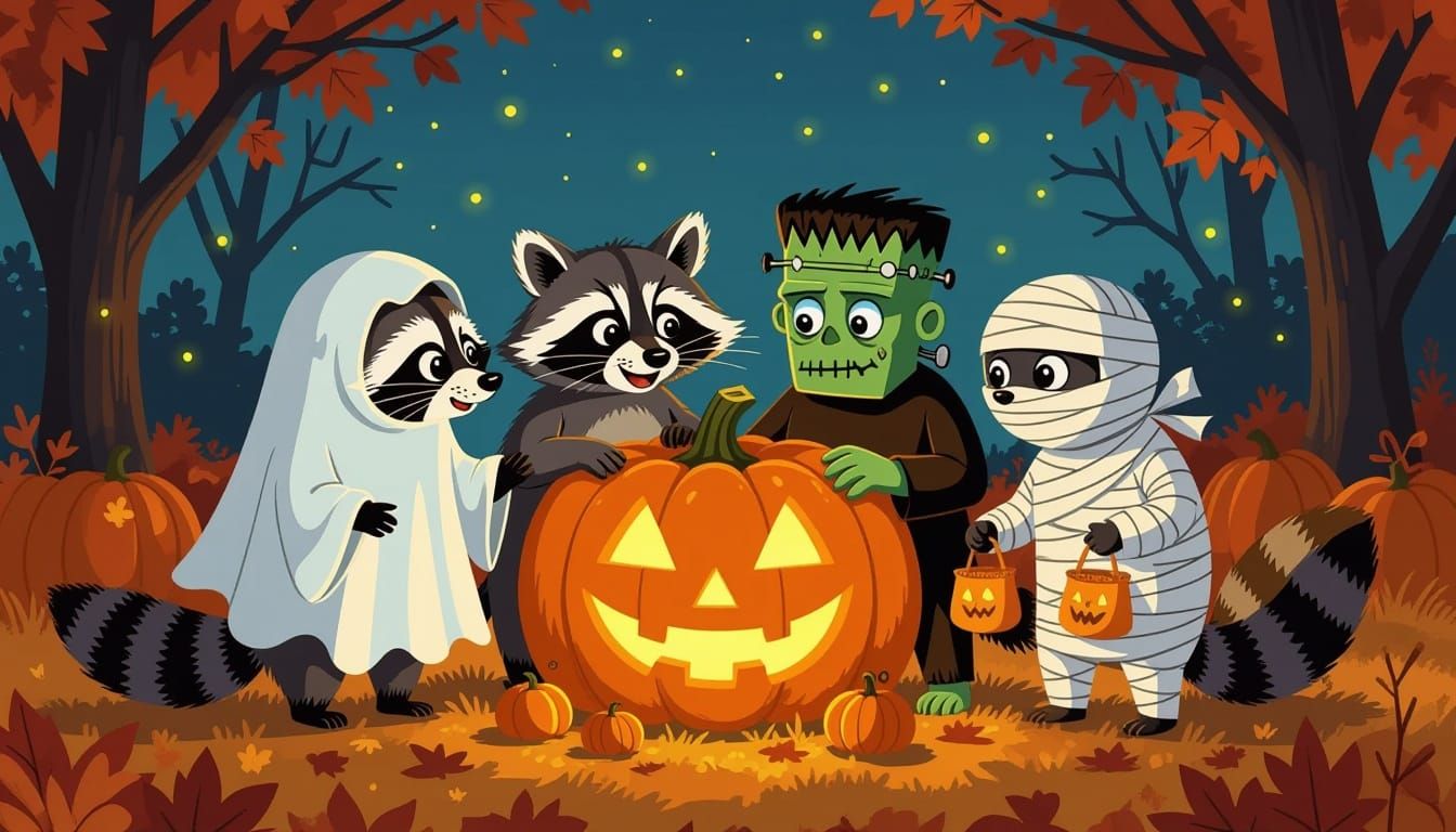 Raccoons Celebrate Halloween In Whimsical Autumn Scene