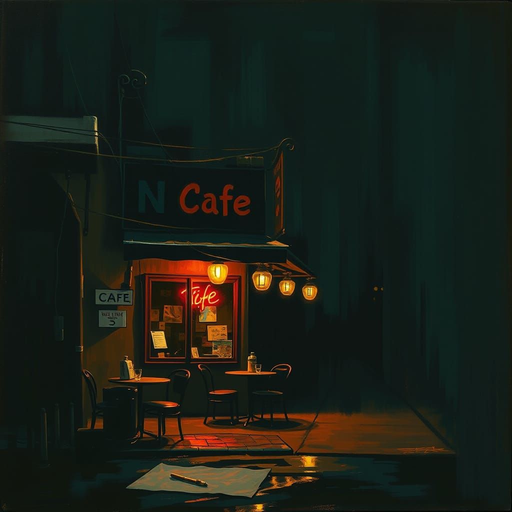Gritty Liminal Night Cafe in Painterly Style