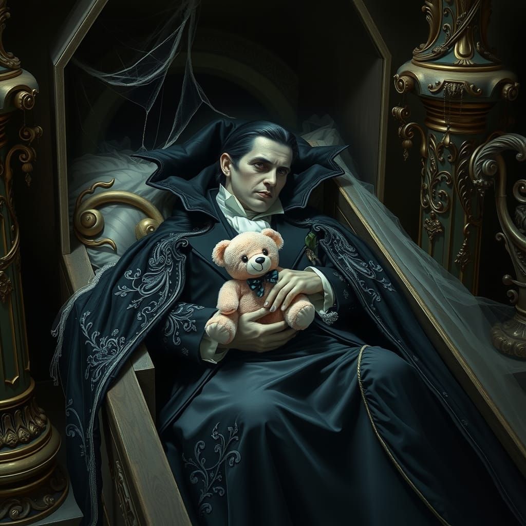 Dracula in Coffin with Teddy Bear: Gothic Victorian Art
