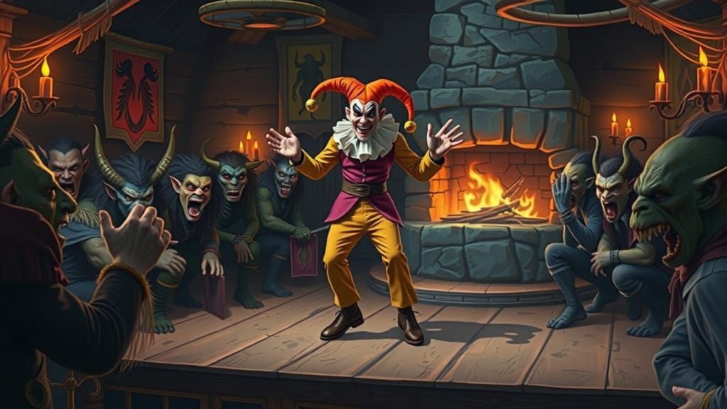 Dark Fantasy Jester Dances for Hostile Crowd in a Haunted Ta...