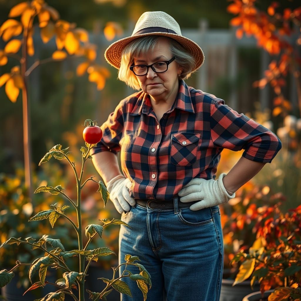 Golden Hour Garden: Frustrated Gardener with Tiny Tomato
