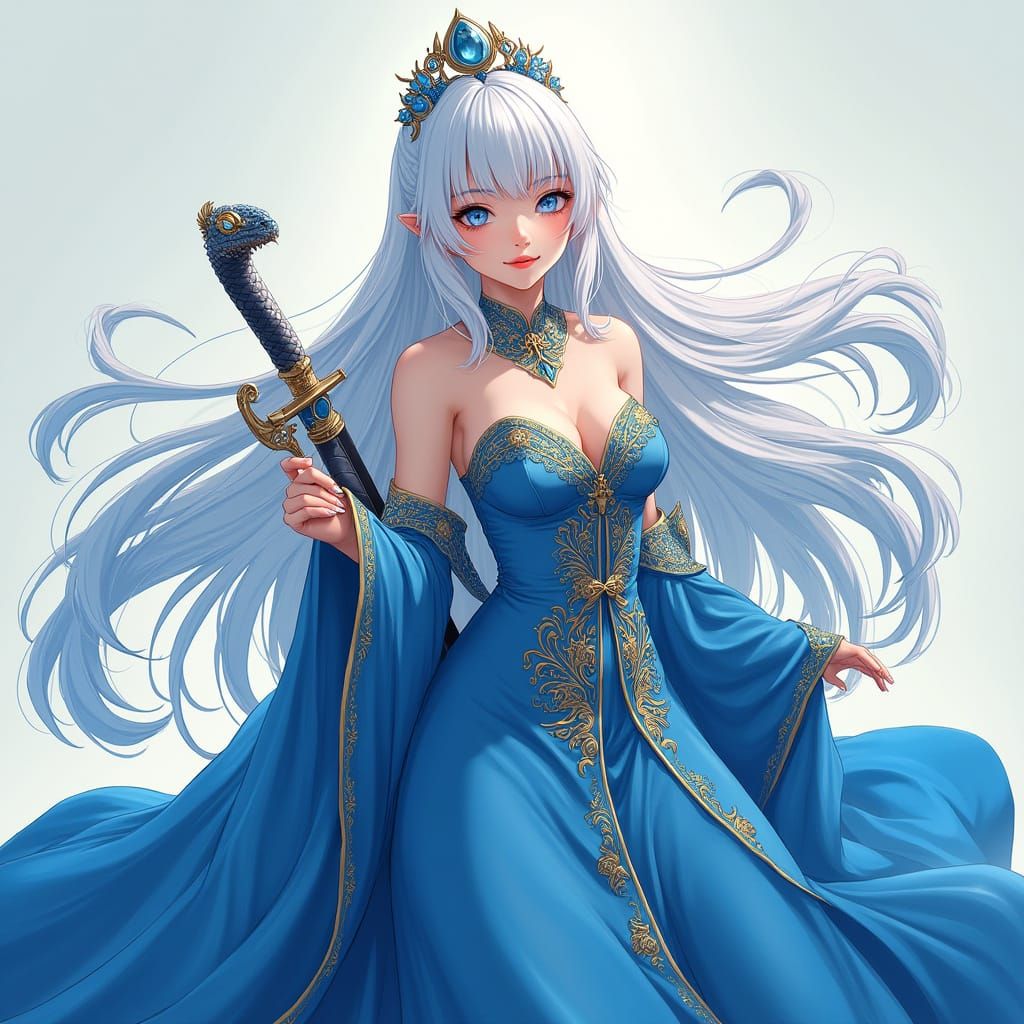Elegant Albino Warrior in Blue and Gold