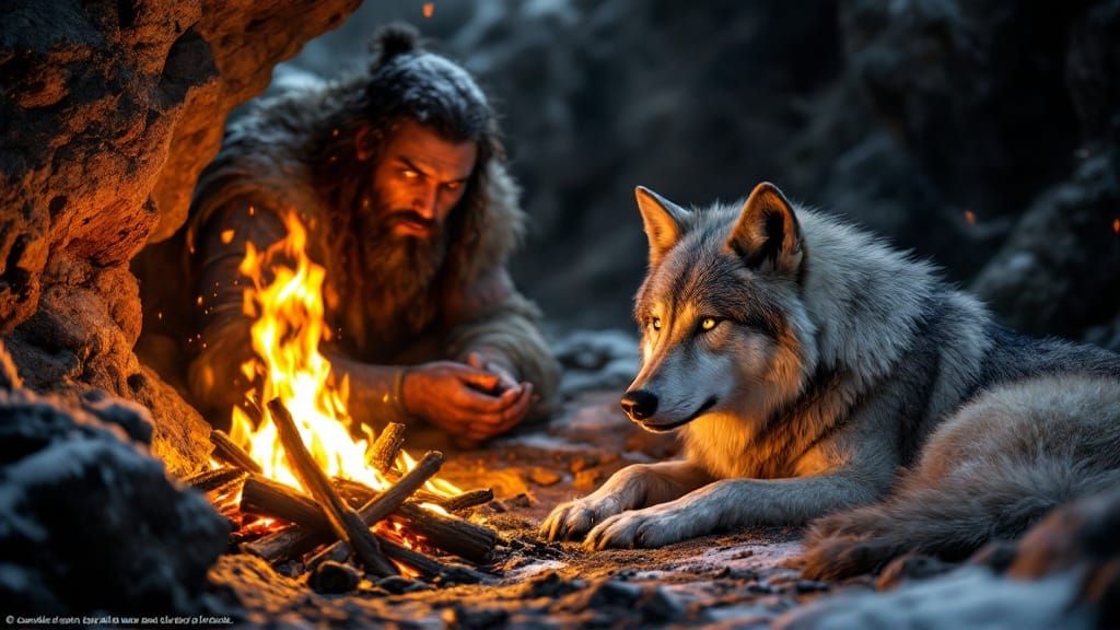 The First Bond: A Domesticated Wolf in Winter Cave