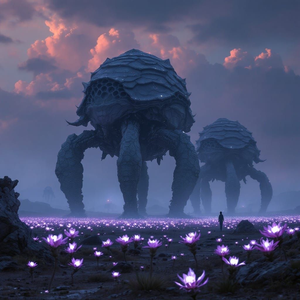 Alien Quadrupeds Roam a Bioluminescent Plain in Layered Armo...