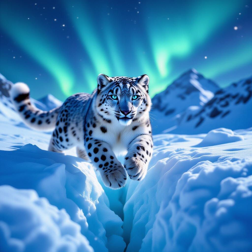 Snow Leopard Leaps in Cinematic Hyperrealism