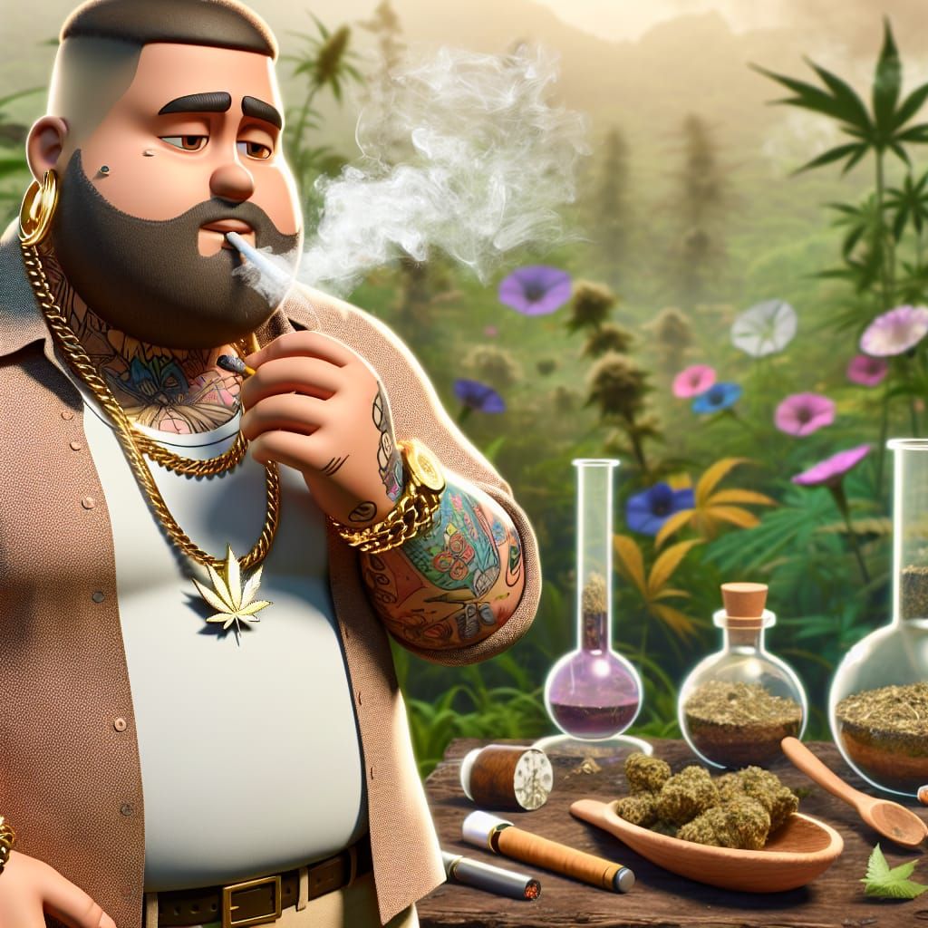 Cartoon Man Smoking in a Botanical Haze