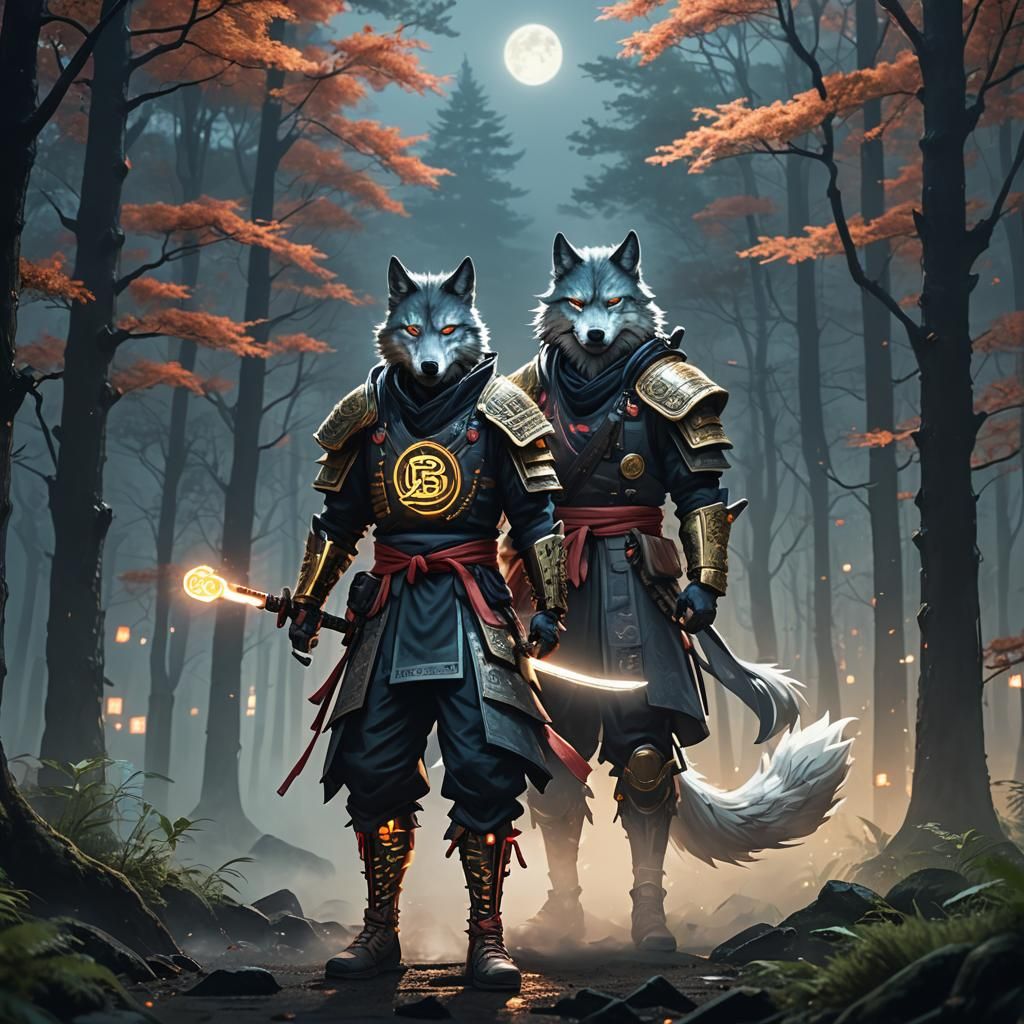Cyberpunk Anime Wolf Samurai in Misty Forest