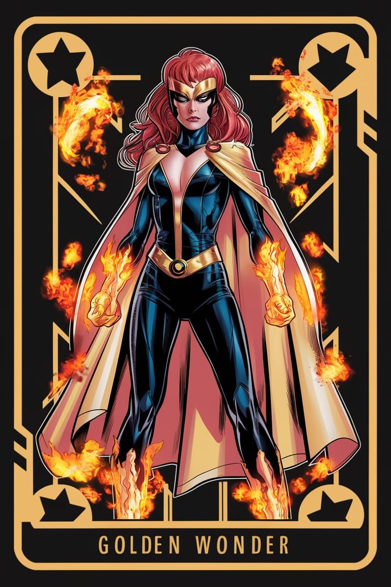 Fiery Red-Haired Superhero Trading Card Illustration