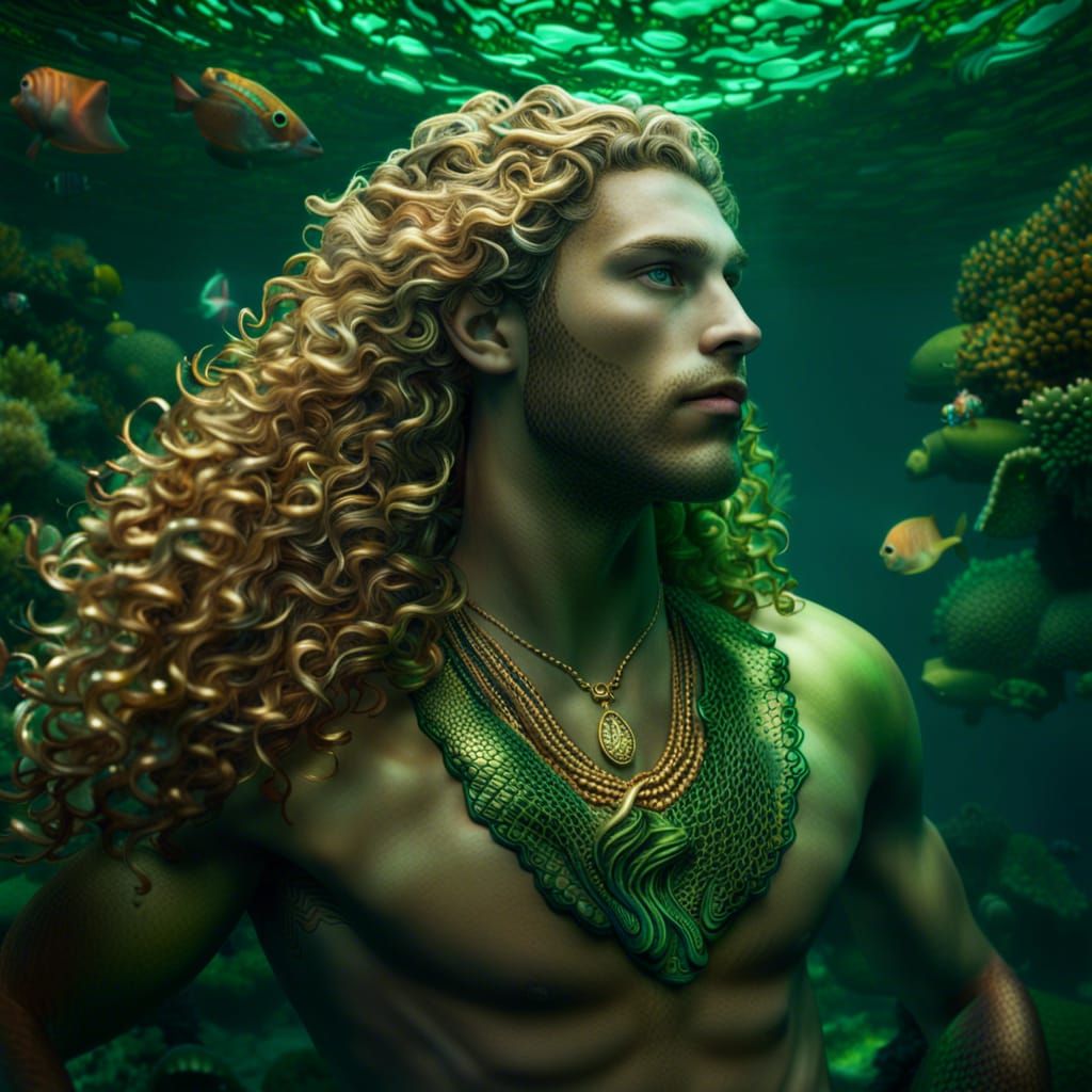 Hyperrealistic Merman with Golden Hair Underwater