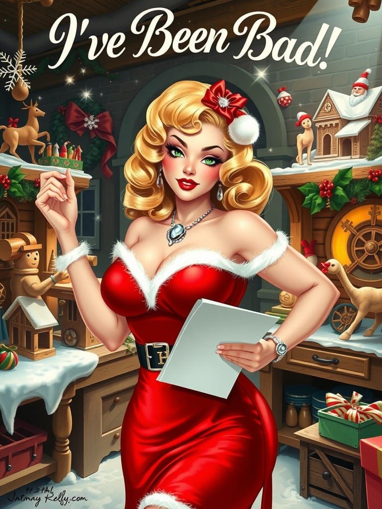 Sultry Pin-Up Mrs. Claus Poses with Naughty List in 1950s-In...