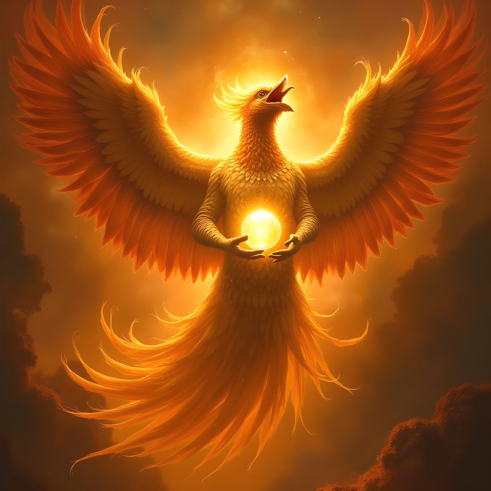 Divine Being Emerges from Phoenix's Mouth in Fiery Radiance