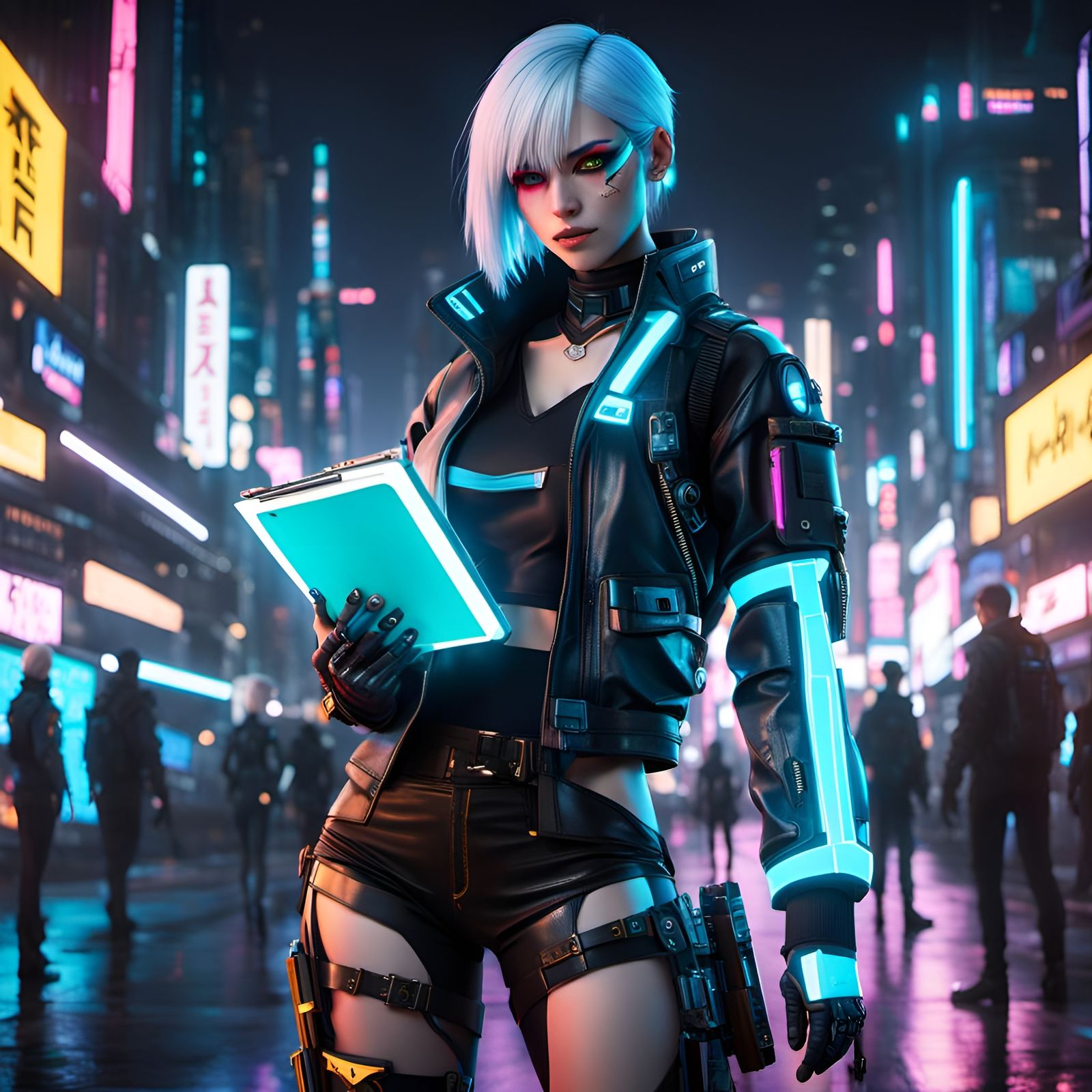 Cyberpunk Cyborg Girl with Neon Lights and Notebook