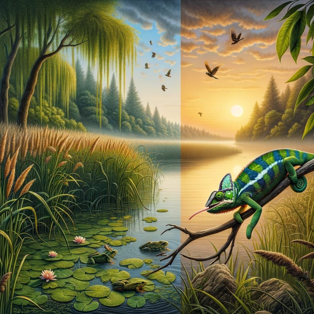 Tranquil Lake Scene with Chameleon in Warm Sunset