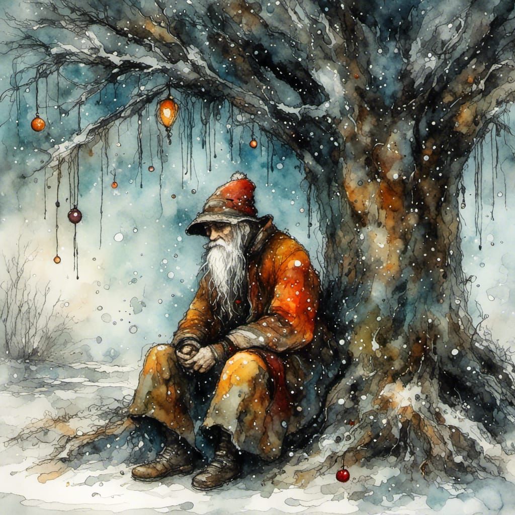 A lonely man huddled under a tree