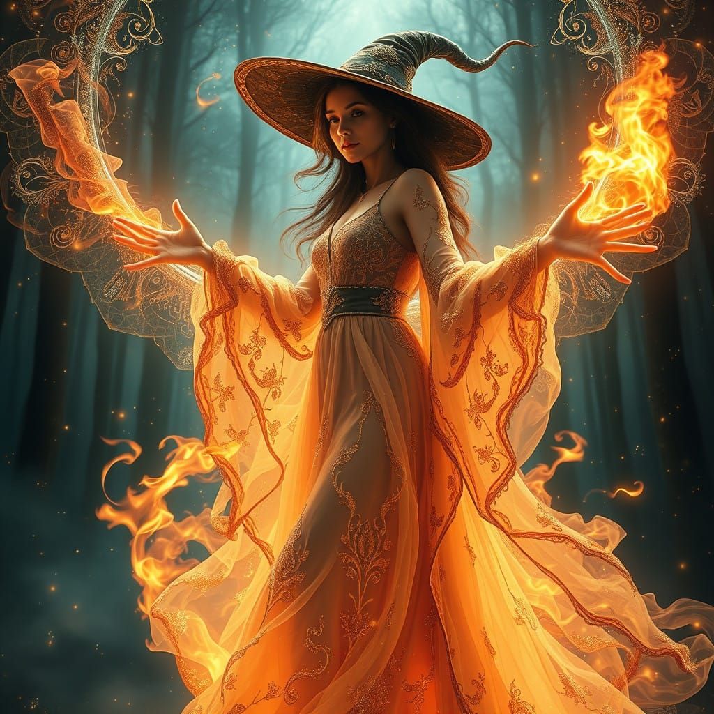 Majestic Forest Witch Enveloped in Ethereal Flames