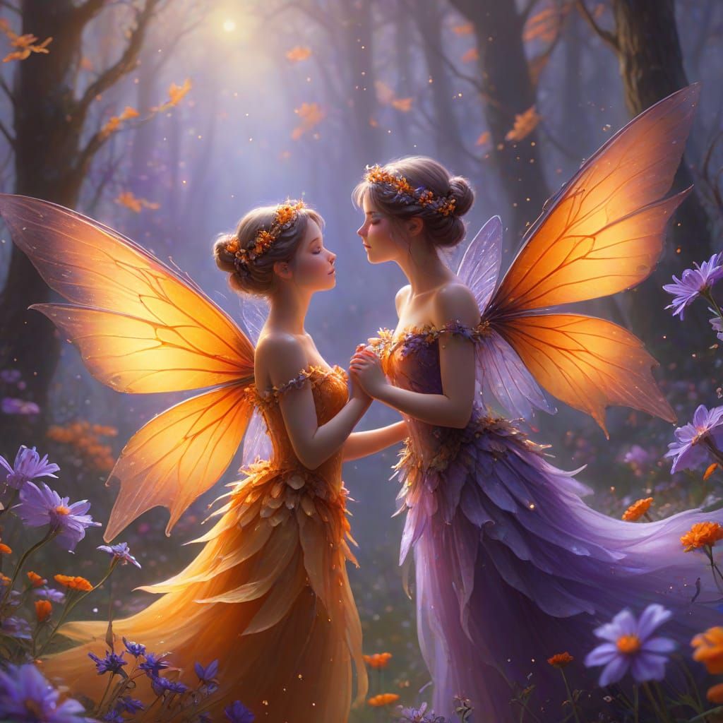 Whimsical Fairies Dance in a Vibrant Floral Wonderland