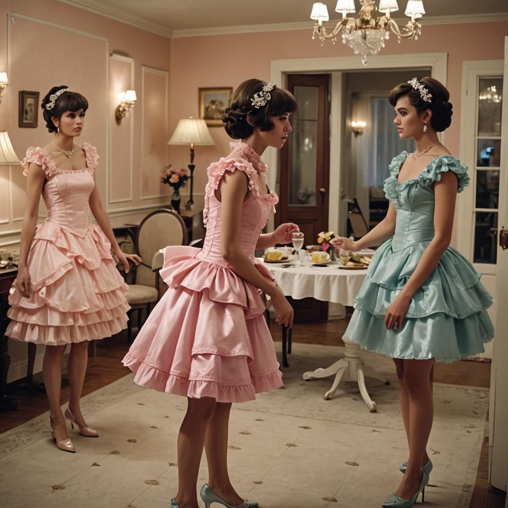 Muscular Boy in Frilly Dress in Dining Room