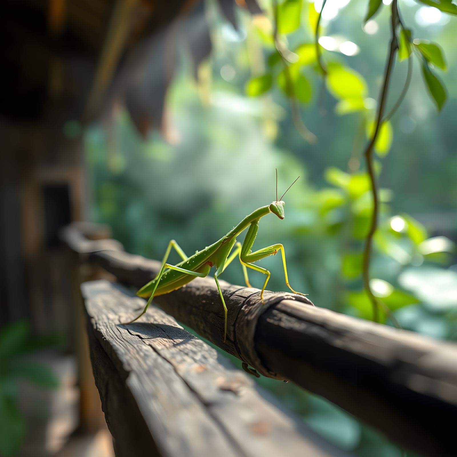 Surreal Green Mantis in Morning Mist of Papua New Guinea