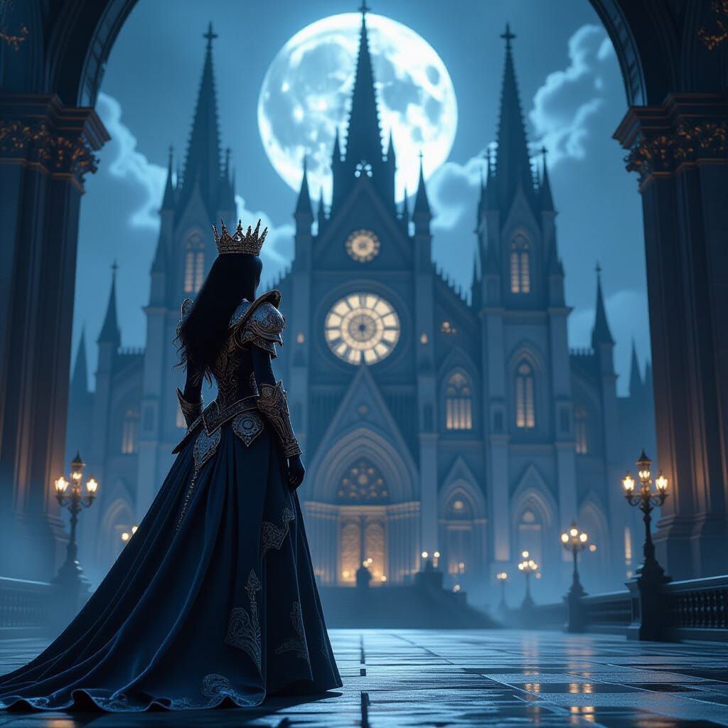 Clockwork Queen Before Gothic Cathedral in Moonlight