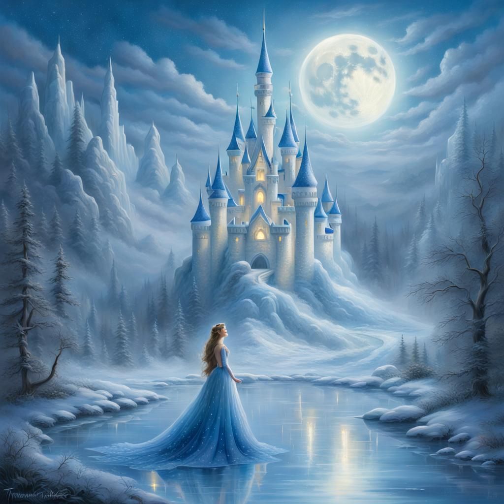 Ethereal Ice Castle and Princess Under Moonlight