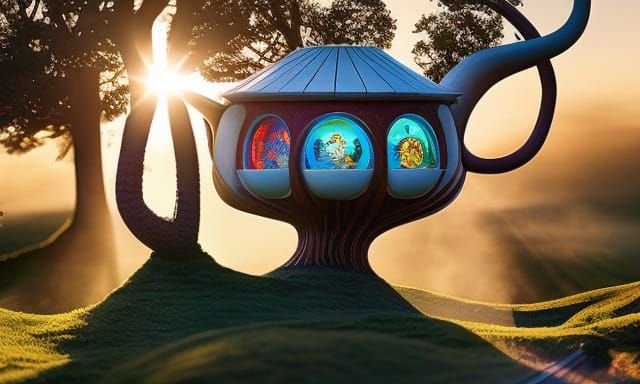 Teapot Treehouse in Fantasy Autumn Landscape