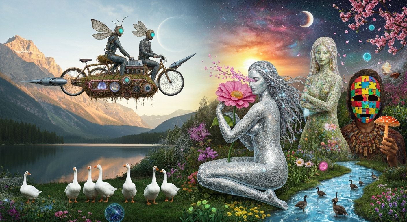 Surreal Sculpture of Woman Amidst Mountains and Lake